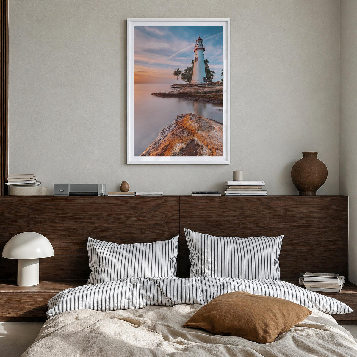 Lake Erie colorful photo poster of United States & Canada – vertical wall art in white wood frame with white border, hanging