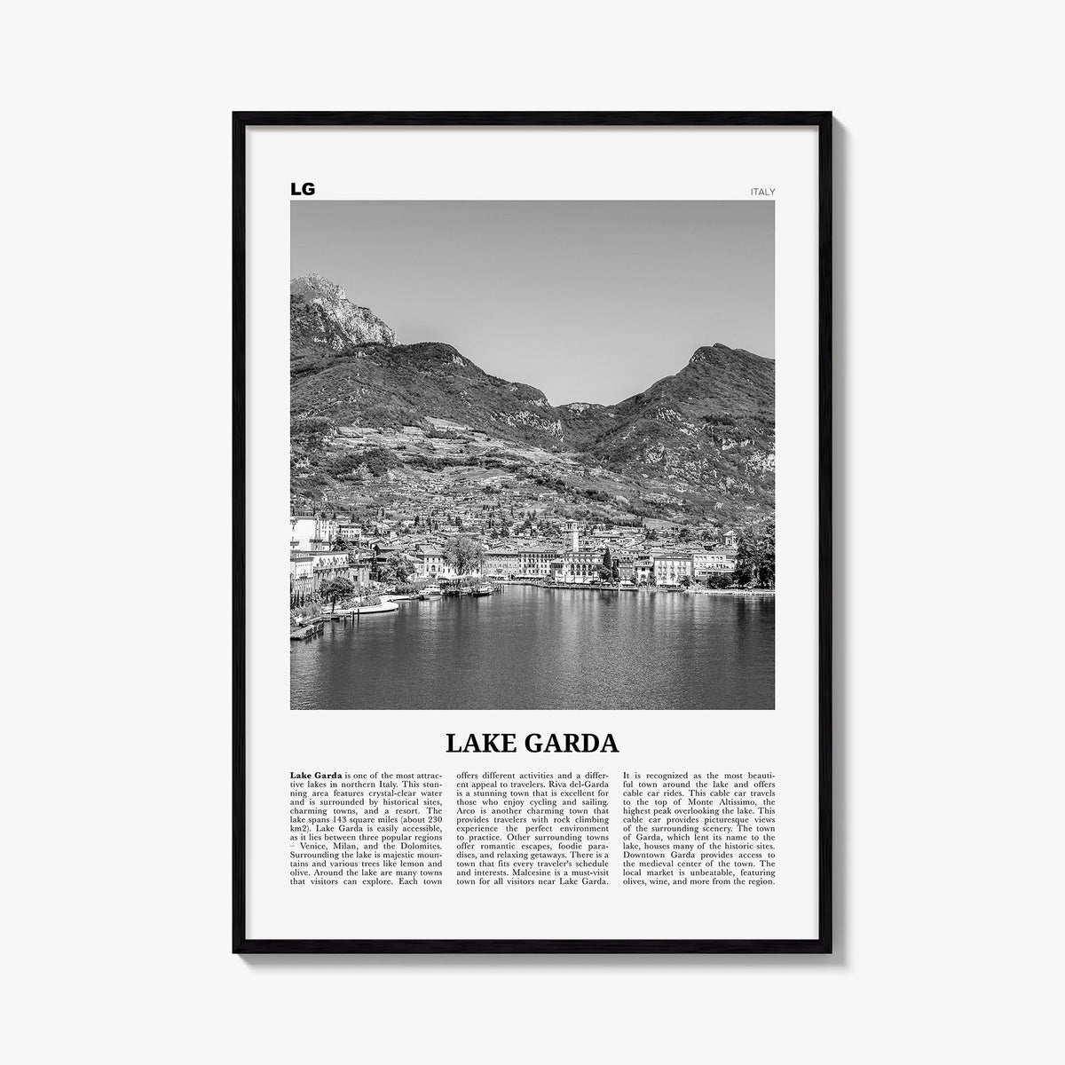 Lake Garda black & white newspaper poster of Italy – vertical wall art, unframed print shown in interior mockup