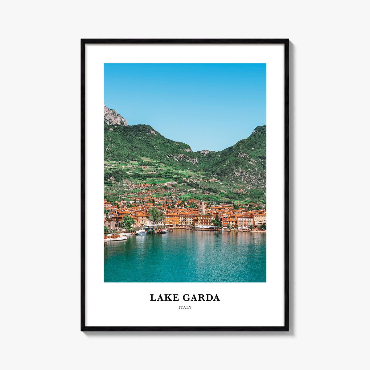 Lake Garda colorful classic poster of Italy – vertical wall art, unframed print shown in interior mockup