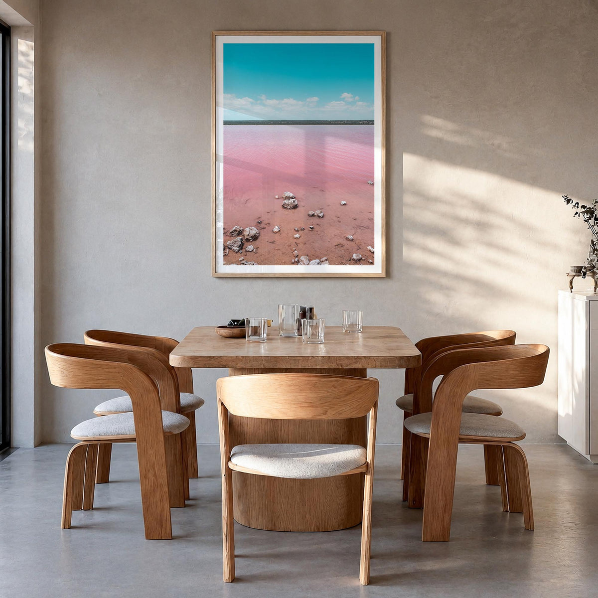 Lake Gregory no. 1 colorful photo poster of California, USA – vertical wall art in natural wood frame with white border, hang