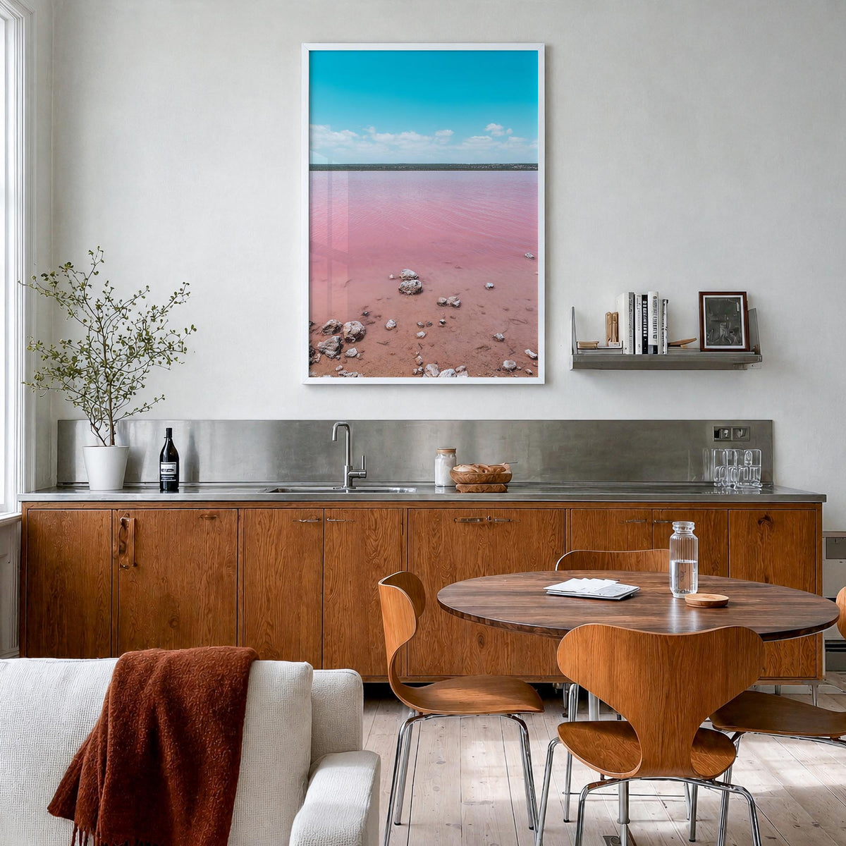 Lake Gregory no. 1 colorful photo poster of California, USA – vertical wall art in white wood frame, hanging on wall