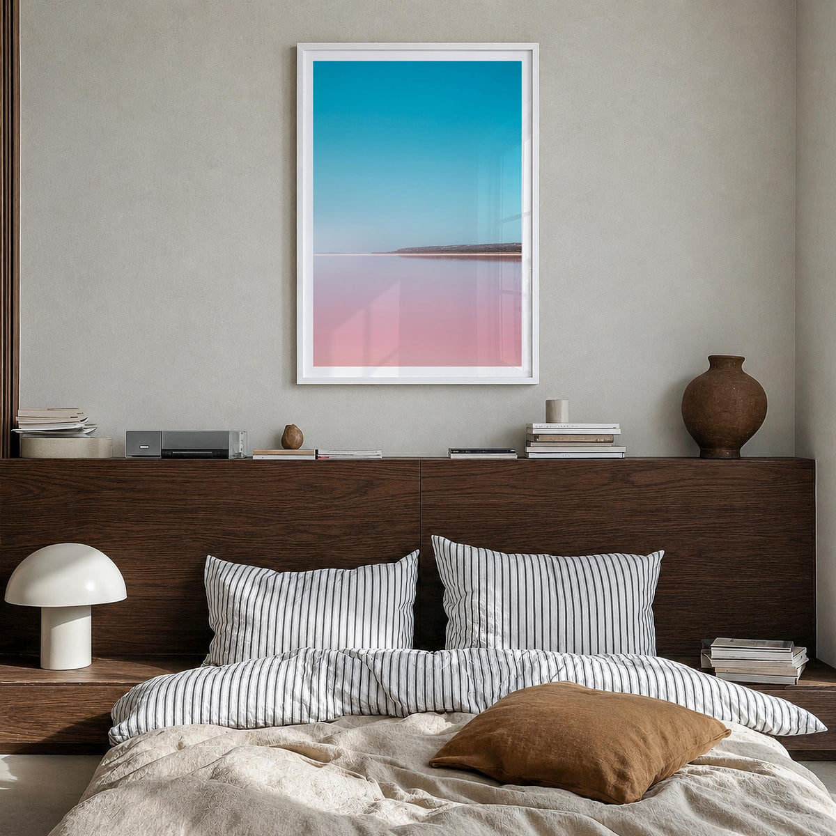 Lake Gregory no. 2 colorful photo poster of California, USA – vertical wall art in white wood frame with white border, hangin