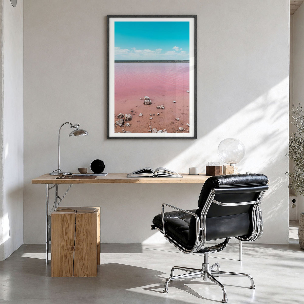 Lake Gregory Photo No 1 Poster in a black wood frame, hanging in a bright home office, white border