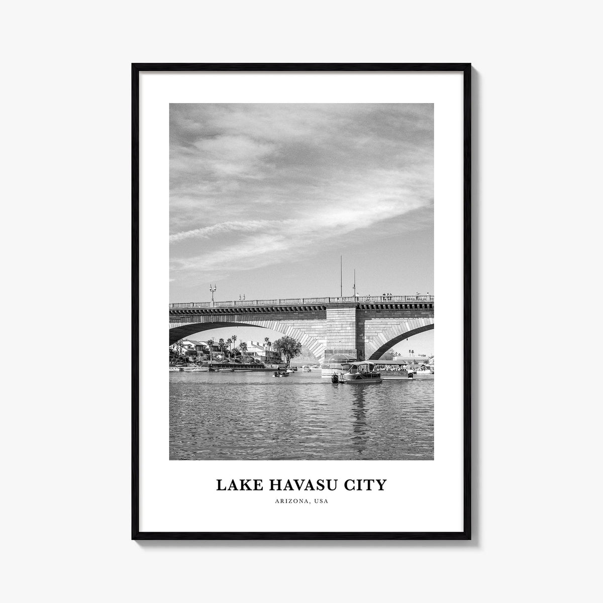 Lake Havasu City black & white classic poster of Arizona, USA – vertical wall art, unframed print shown in interior mockup