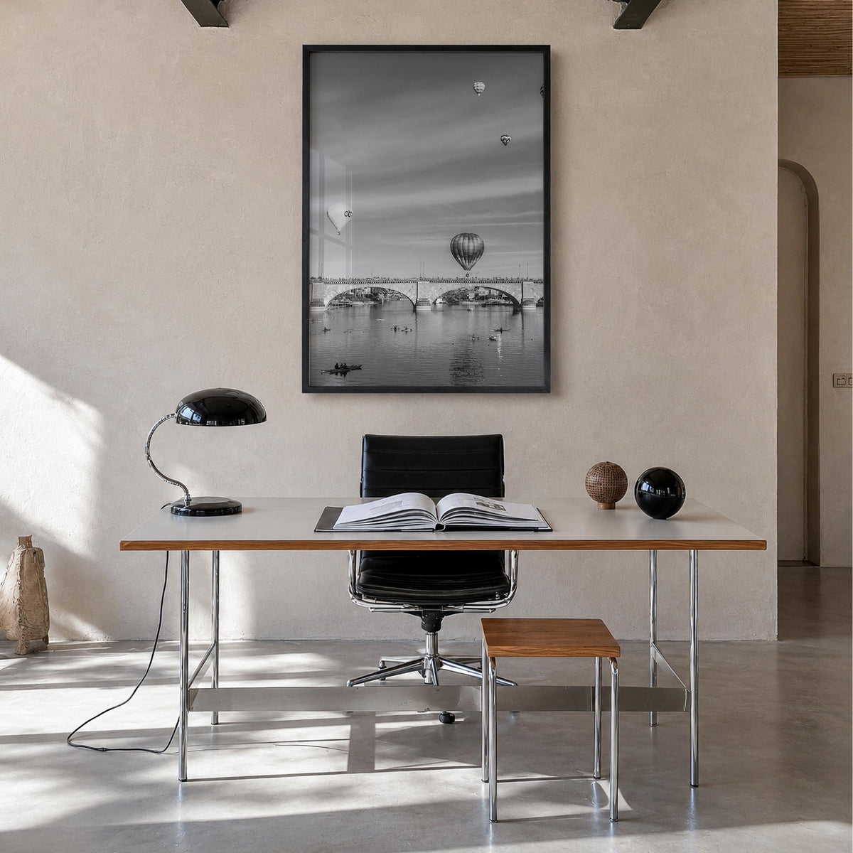 Lake Havasu City black & white photo poster of Arizona, USA – vertical wall art in black wood frame, hanging on wall
