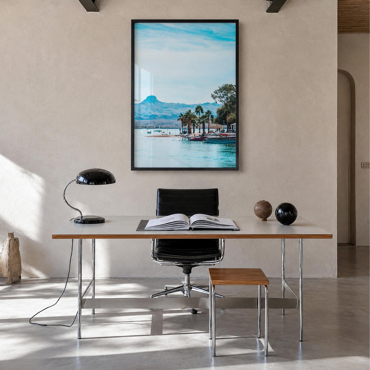 Lake Havasu City colorful photo poster of Arizona, USA – vertical wall art in black wood frame, hanging on wall