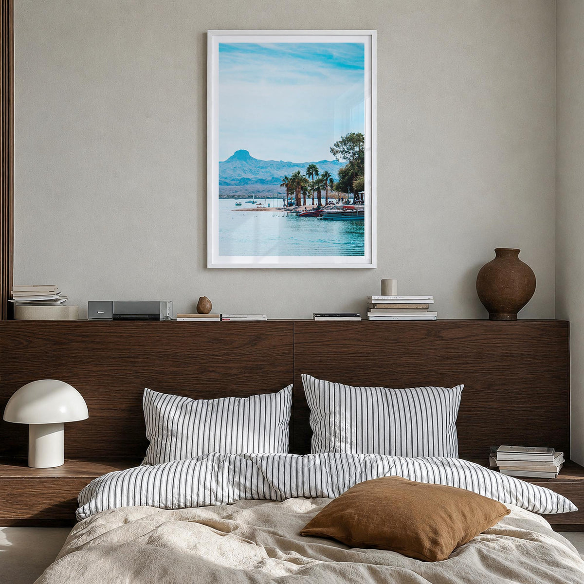 Lake Havasu City colorful photo poster of Arizona, USA – vertical wall art in white wood frame with white border, hanging on