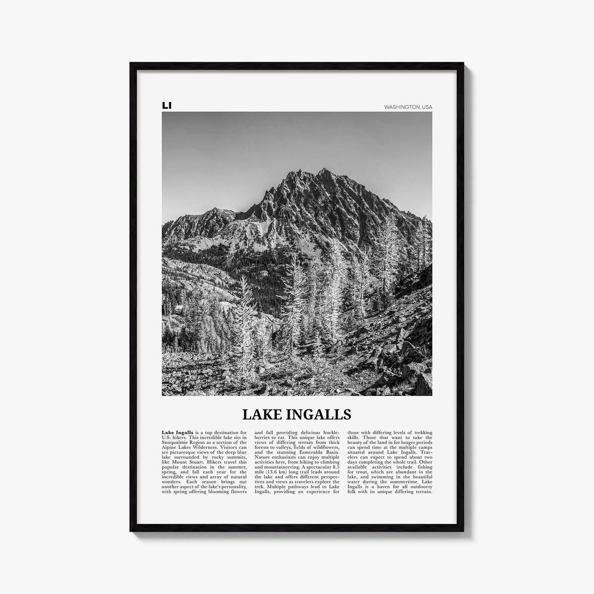 Lake Ingalls black & white newspaper poster of Washington, USA – vertical wall art, unframed print shown in interior mockup