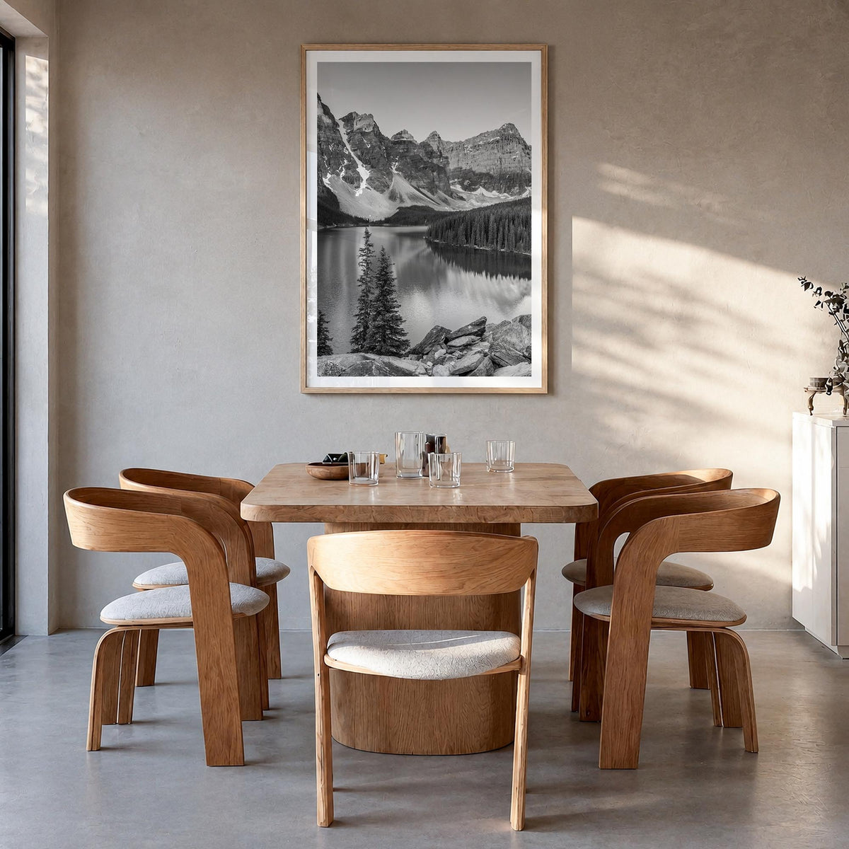 Lake Louise black & white photo poster of Alberta, Canada – vertical wall art in natural wood frame with white border, hangin