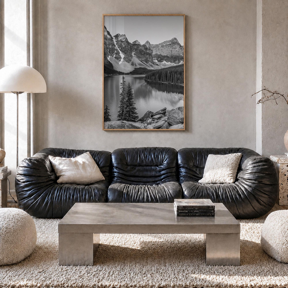 Lake Louise black & white photo poster of Alberta, Canada – vertical wall art in natural wood frame, hanging on wall