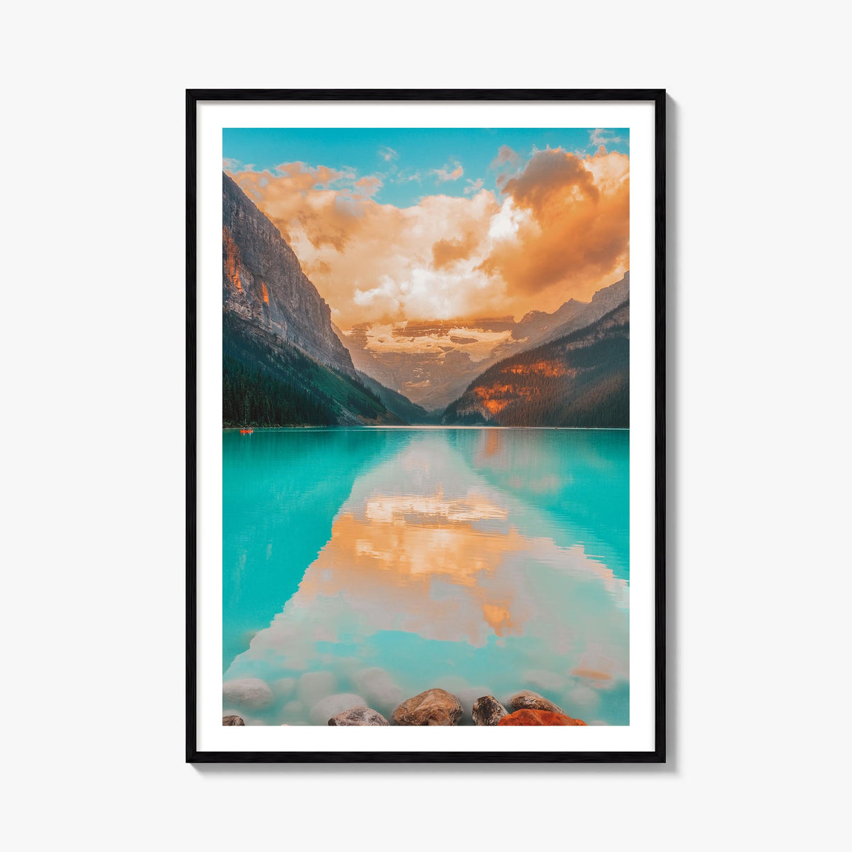 Lake Louise colorful photo poster of Alberta, Canada – vertical wall art, unframed print shown in interior mockup