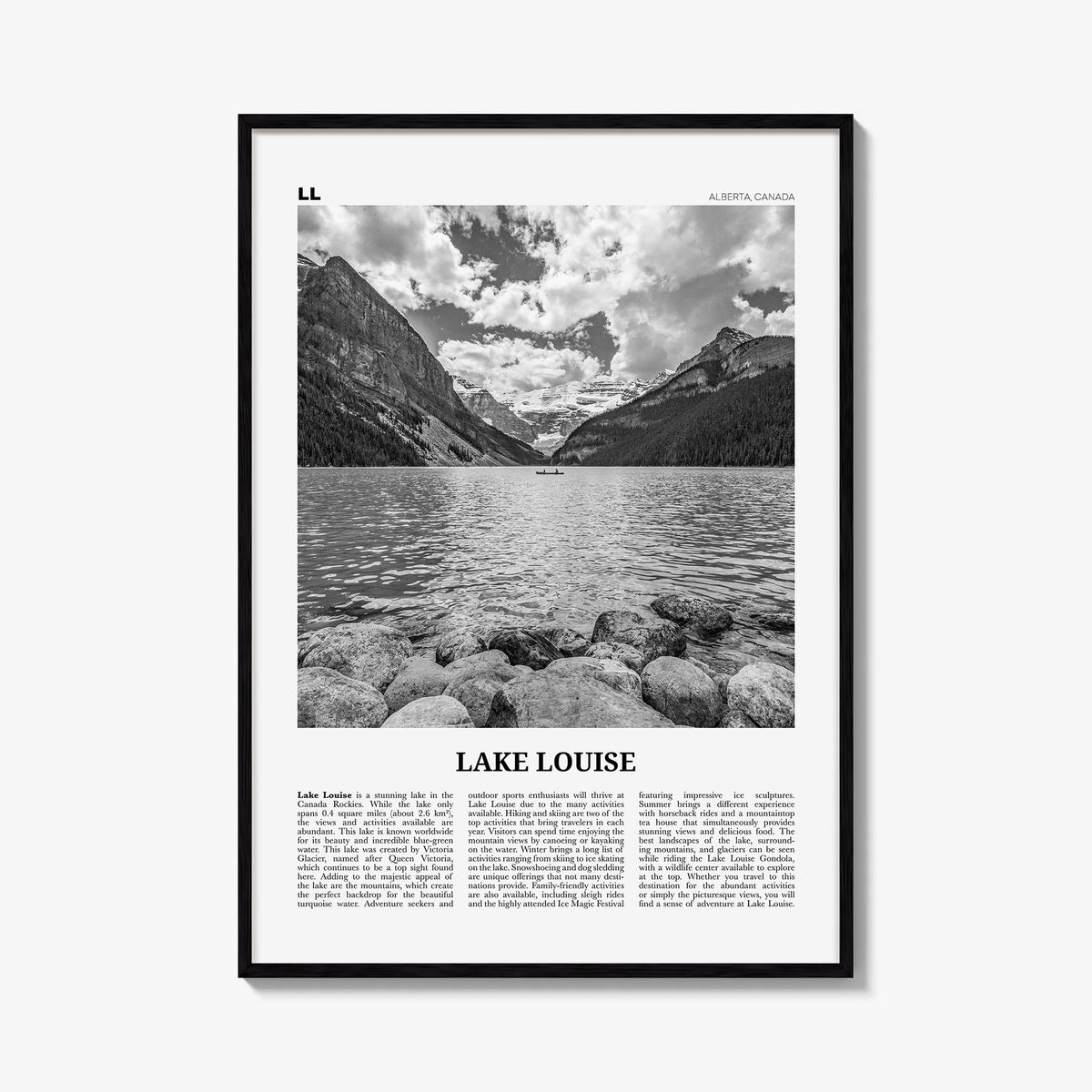 Lake Louise no. 2 black & white newspaper poster of Alberta, Canada – vertical wall art, unframed print shown in interior moc