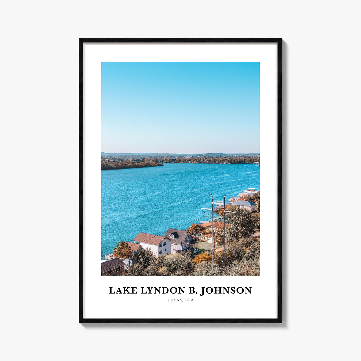 Lake Lyndon B. Johnson colorful classic poster of Texas, USA – vertical wall art, unframed print shown in interior mockup
