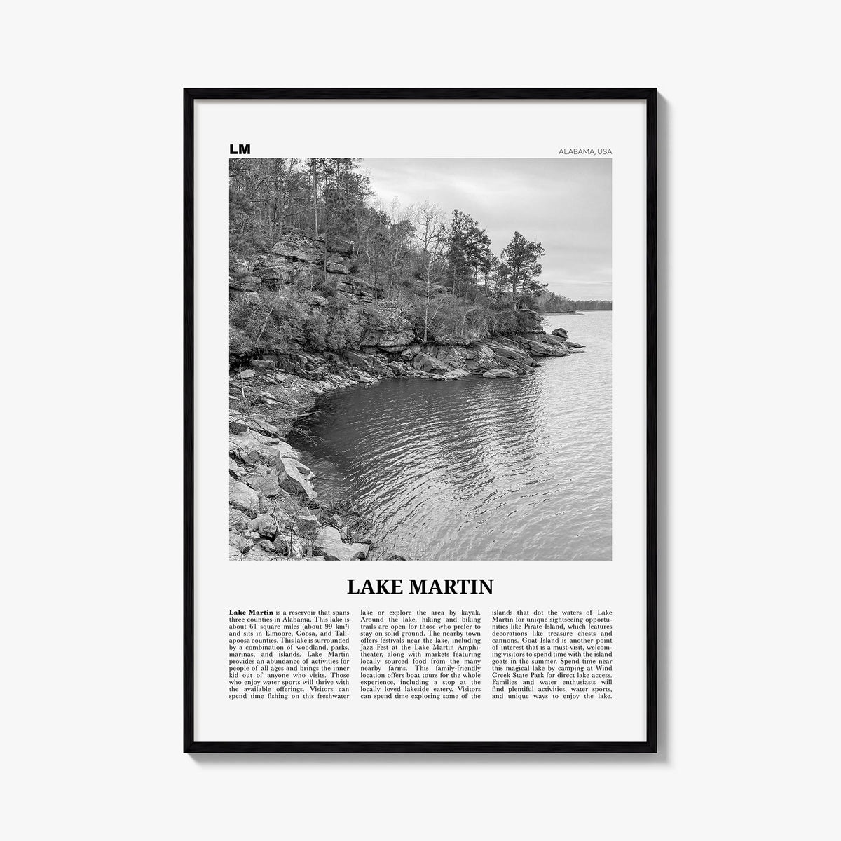 Lake Martin no. 1 black & white newspaper poster of Alabama, USA – vertical wall art, unframed print shown in interior mockup