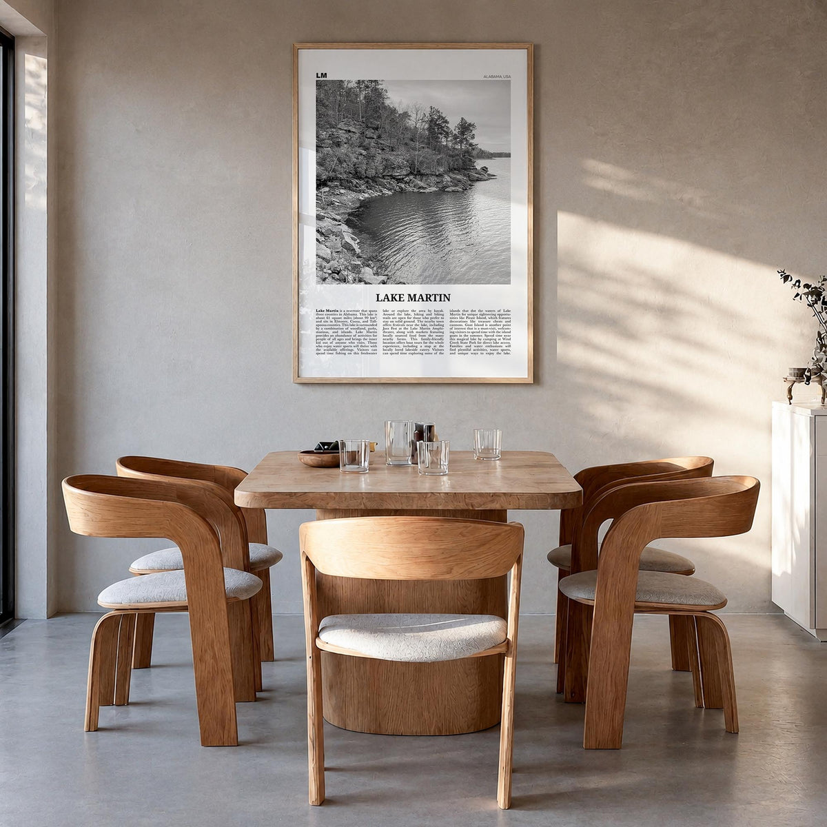 Lake Martin no. 1 black & white newspaper poster of Alabama, USA – vertical wall art in natural wood frame, hanging on wall