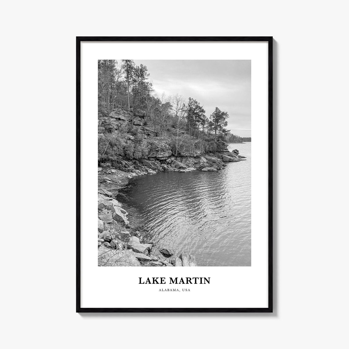 Lake Martin no. 2 black & white classic poster of Alabama, USA – vertical wall art, unframed print shown in interior mockup