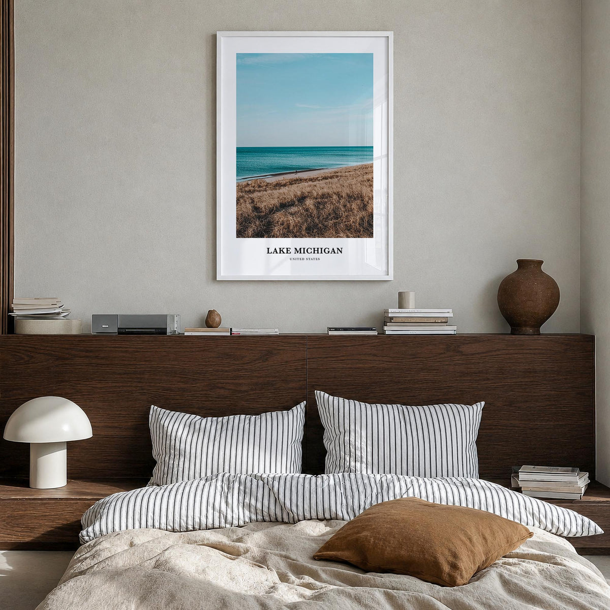 Lake Michigan colorful classic poster of United States – vertical wall art in white wood frame, hanging on wall