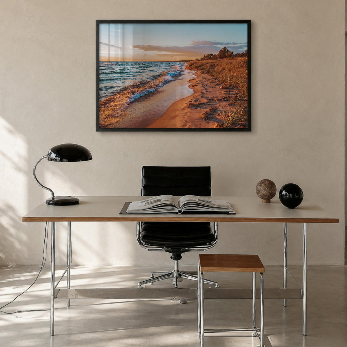 Lake Michigan colorful photo poster of United States – horizontal wall art in black wood frame, hanging on wall