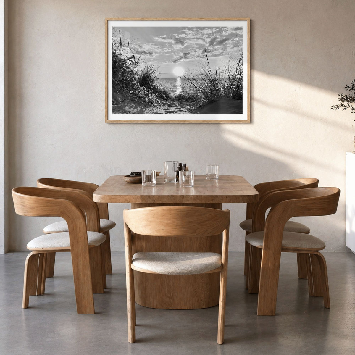 Lake Michigan Photo Poster in a natural wood frame, hanging in a dining room, white border