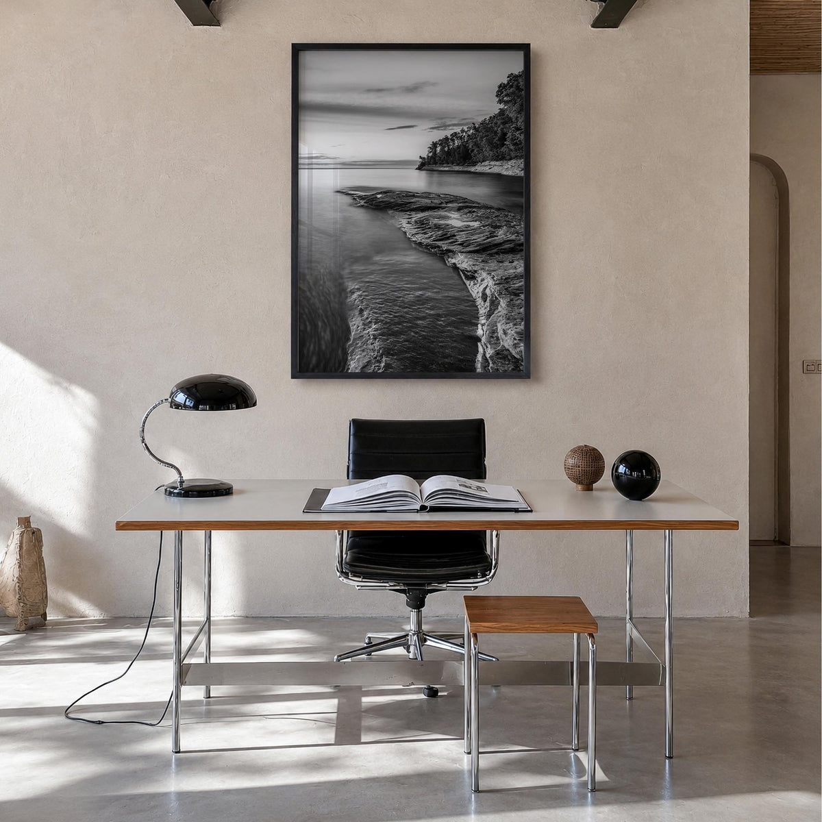 Lake Michigan no. 1 black & white photo poster of United States – vertical wall art in black wood frame, hanging on wall