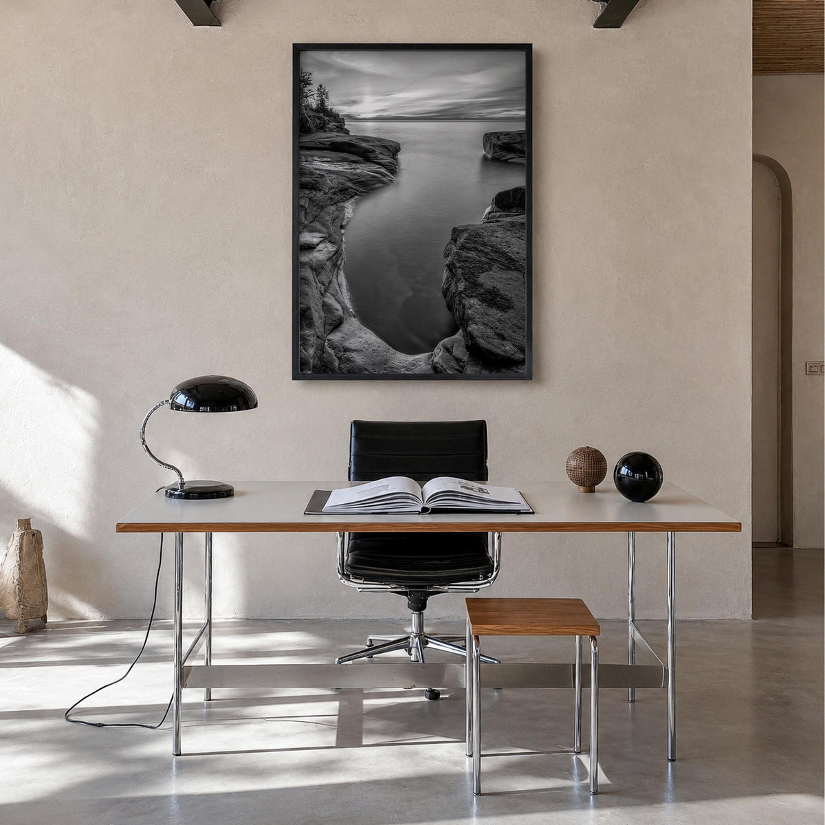 Lake Michigan no. 2 black & white photo poster of United States – vertical wall art in black wood frame, hanging on wall
