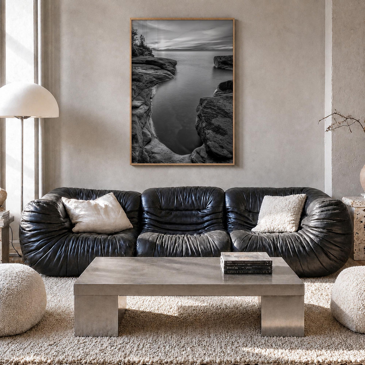 Lake Michigan no. 2 black & white photo poster of United States – vertical wall art in natural wood frame, hanging on wall