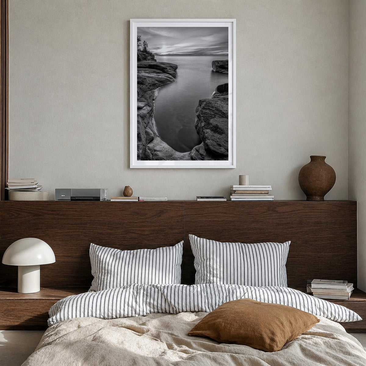 Lake Michigan no. 2 black & white photo poster of United States – vertical wall art in white wood frame with white border, ha