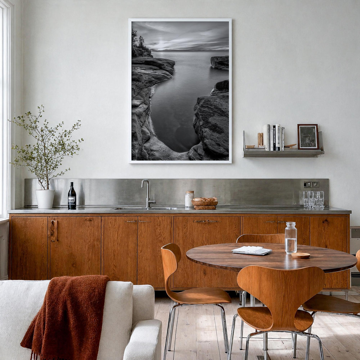 Lake Michigan no. 2 black & white photo poster of United States – vertical wall art in white wood frame, hanging on wall