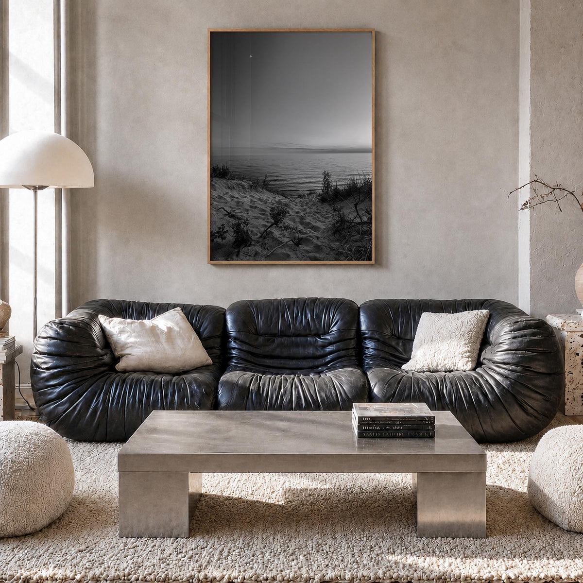 Lake Michigan no. 3 black & white photo poster of United States – vertical wall art in natural wood frame, hanging on wall