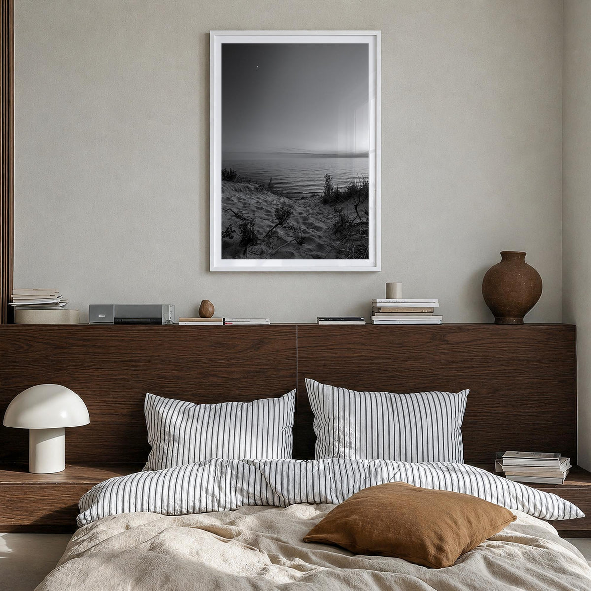 Lake Michigan no. 3 black & white photo poster of United States – vertical wall art in white wood frame with white border, ha