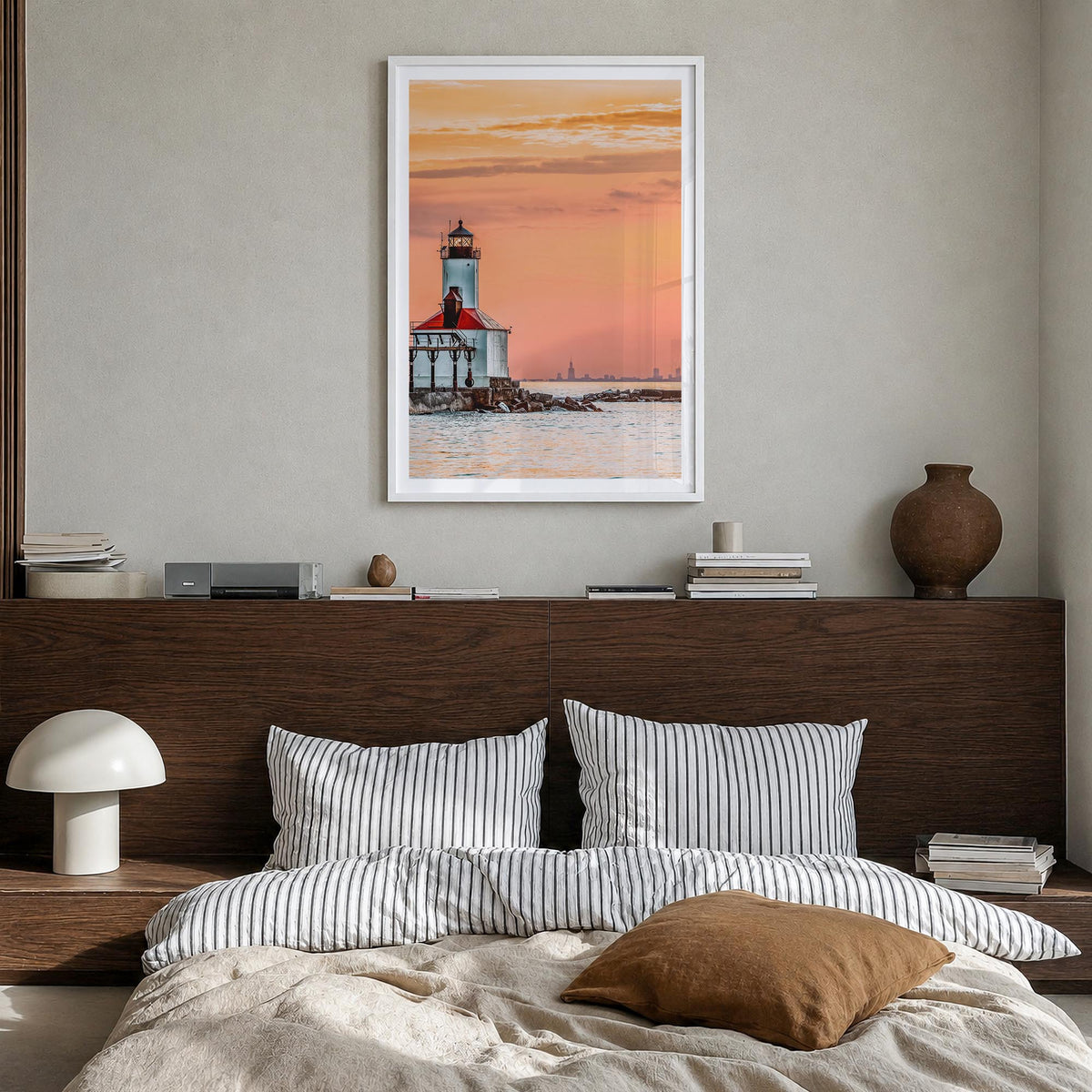Lake Michigan no. 3 colorful photo poster of United States – vertical wall art in white wood frame with white border, hanging
