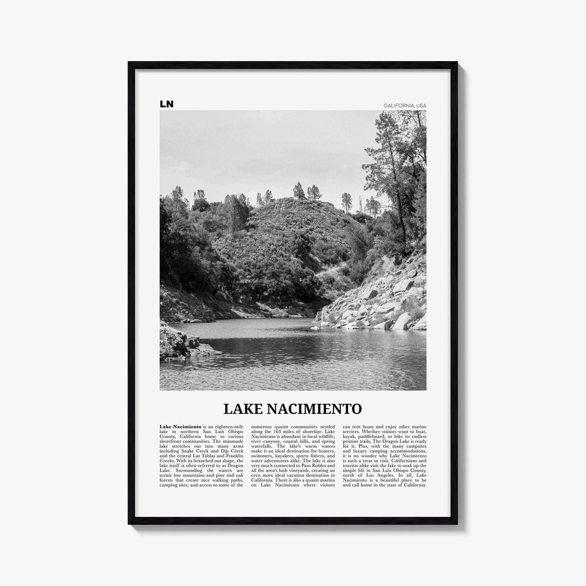 Lake Nacimiento black & white newspaper poster of California, USA – vertical wall art, unframed print shown in interior mocku