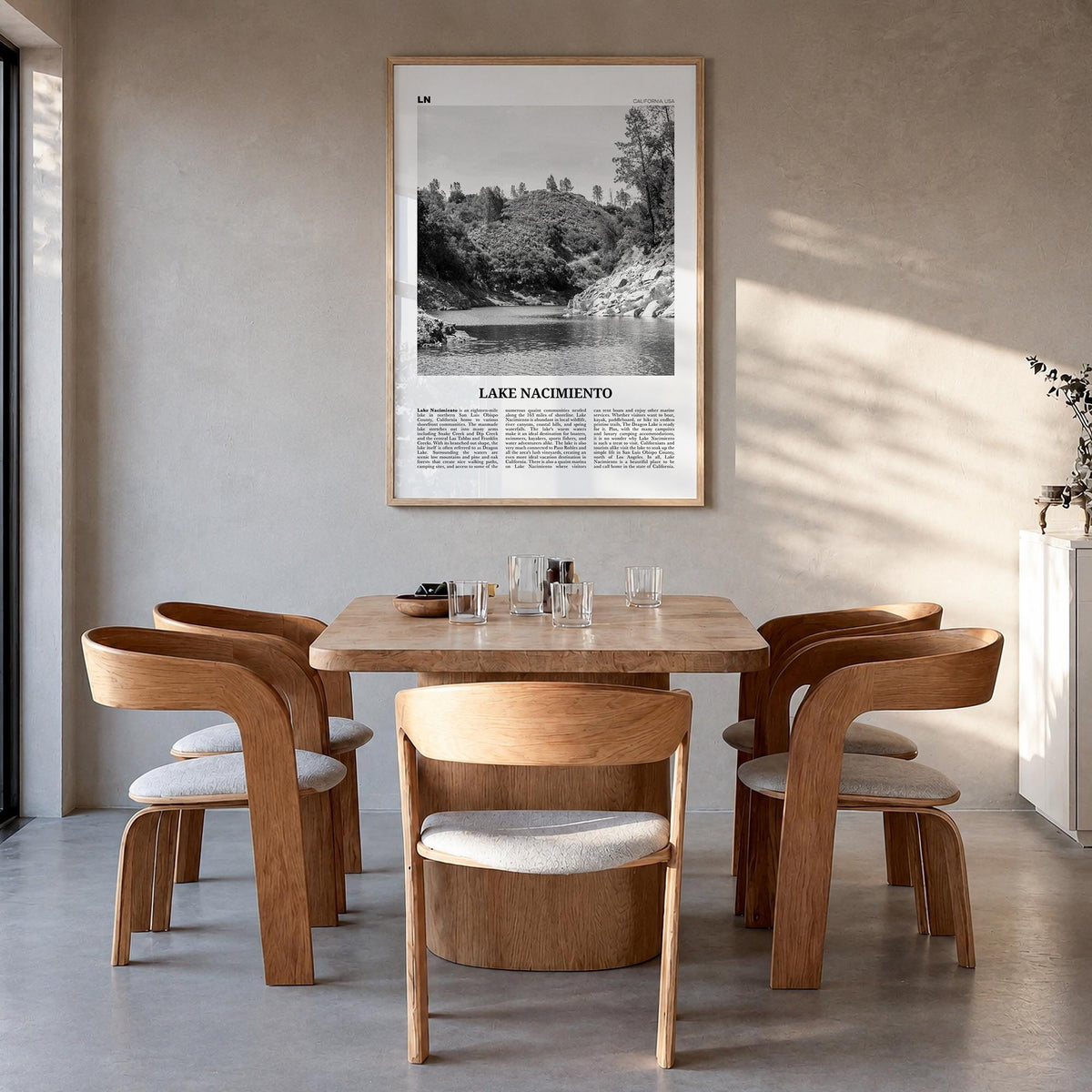 Lake Nacimiento black & white newspaper poster of California, USA – vertical wall art in natural wood frame, hanging on wall