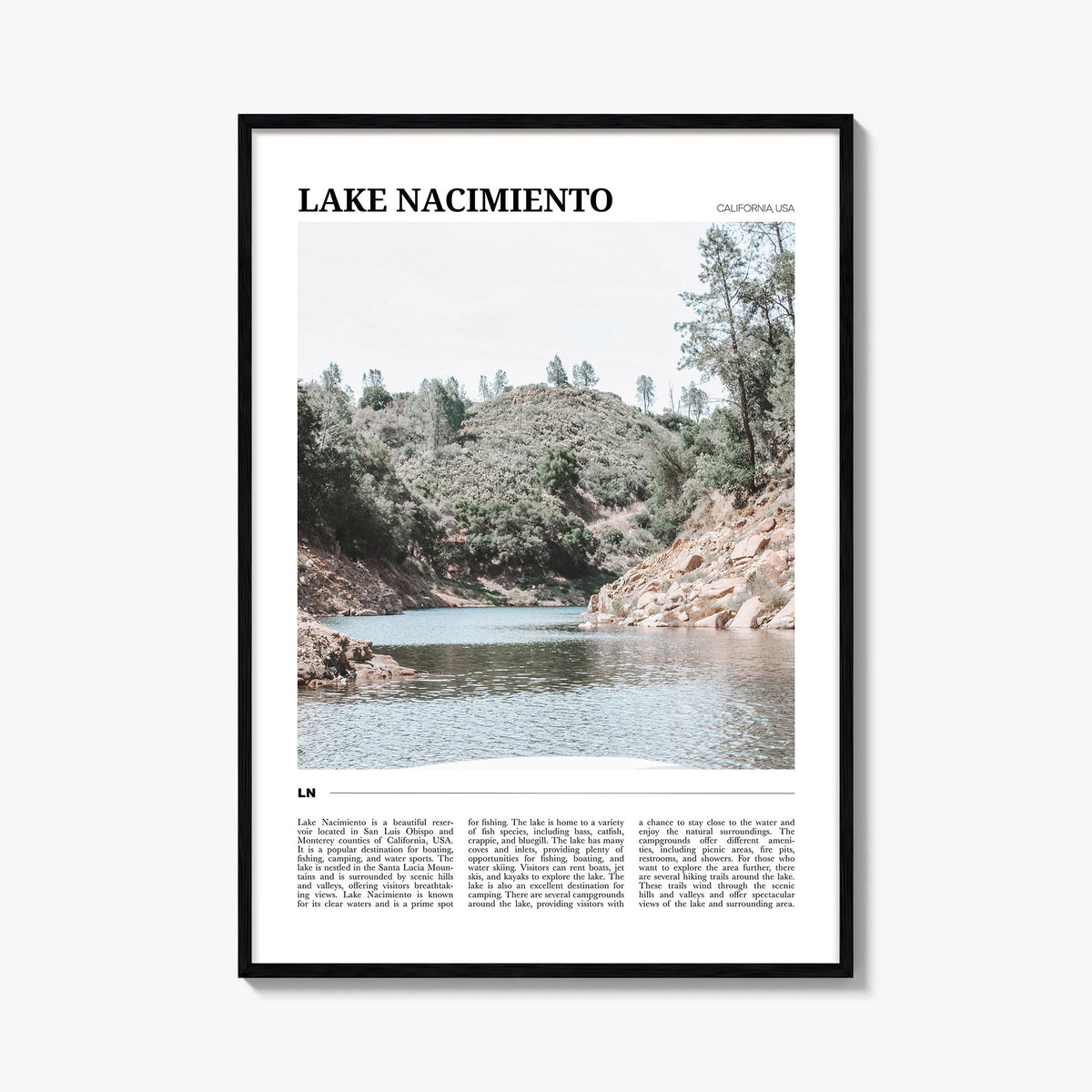 Lake Nacimiento colorful travel poster of California, USA – vertical wall art, unframed print shown in interior mockup