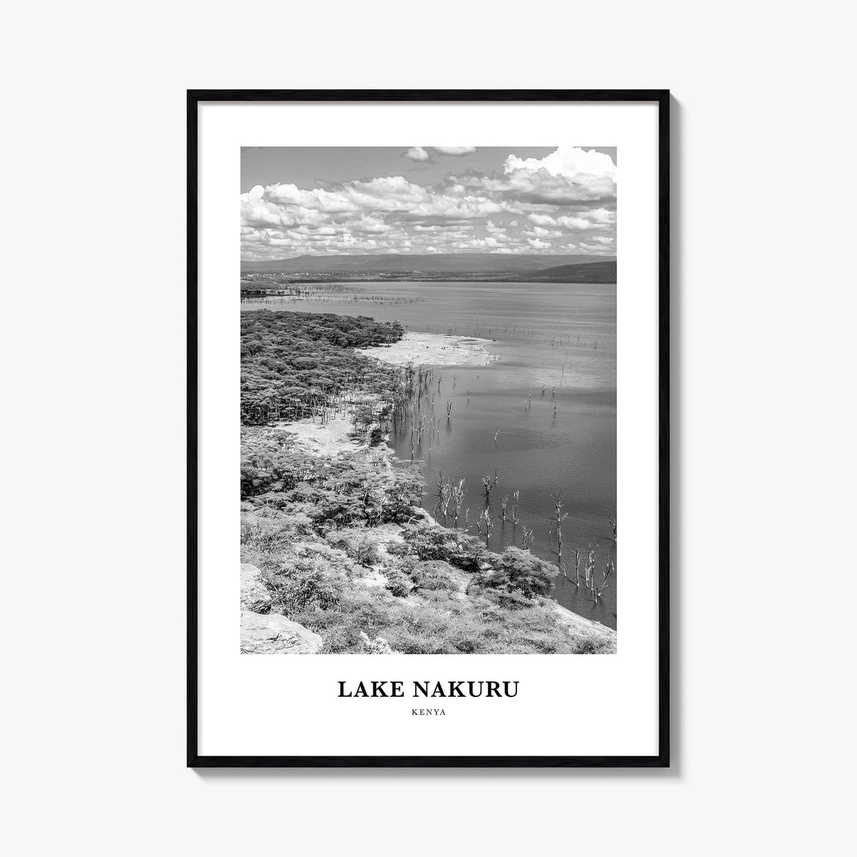 Lake Nakuru black & white classic poster of Kenya – vertical wall art, unframed print shown in interior mockup