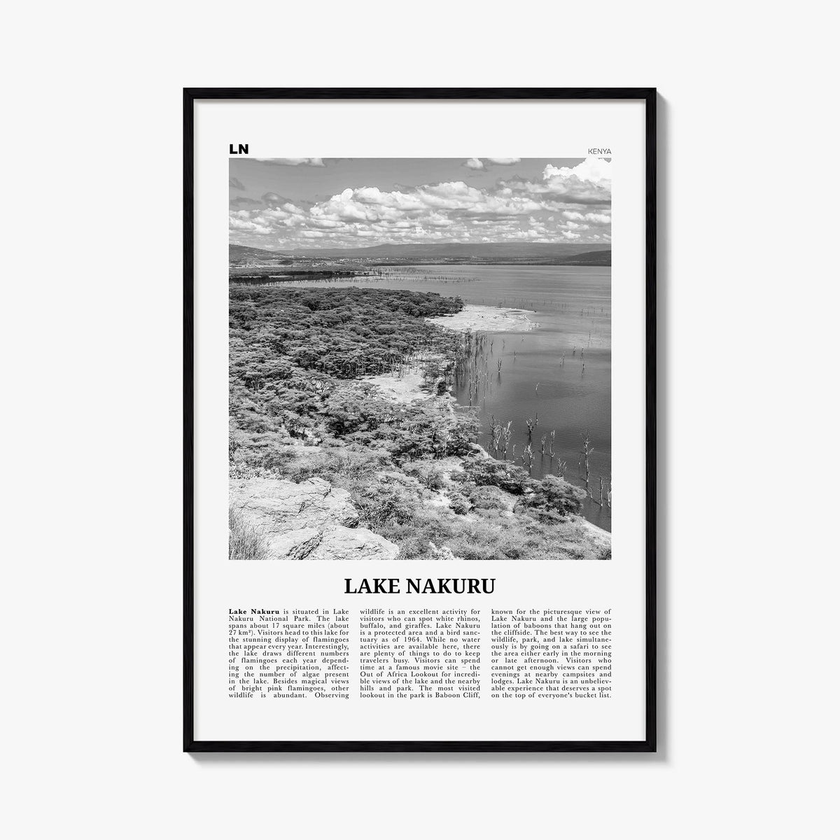 Lake Nakuru black & white newspaper poster of Kenya – vertical wall art, unframed print shown in interior mockup
