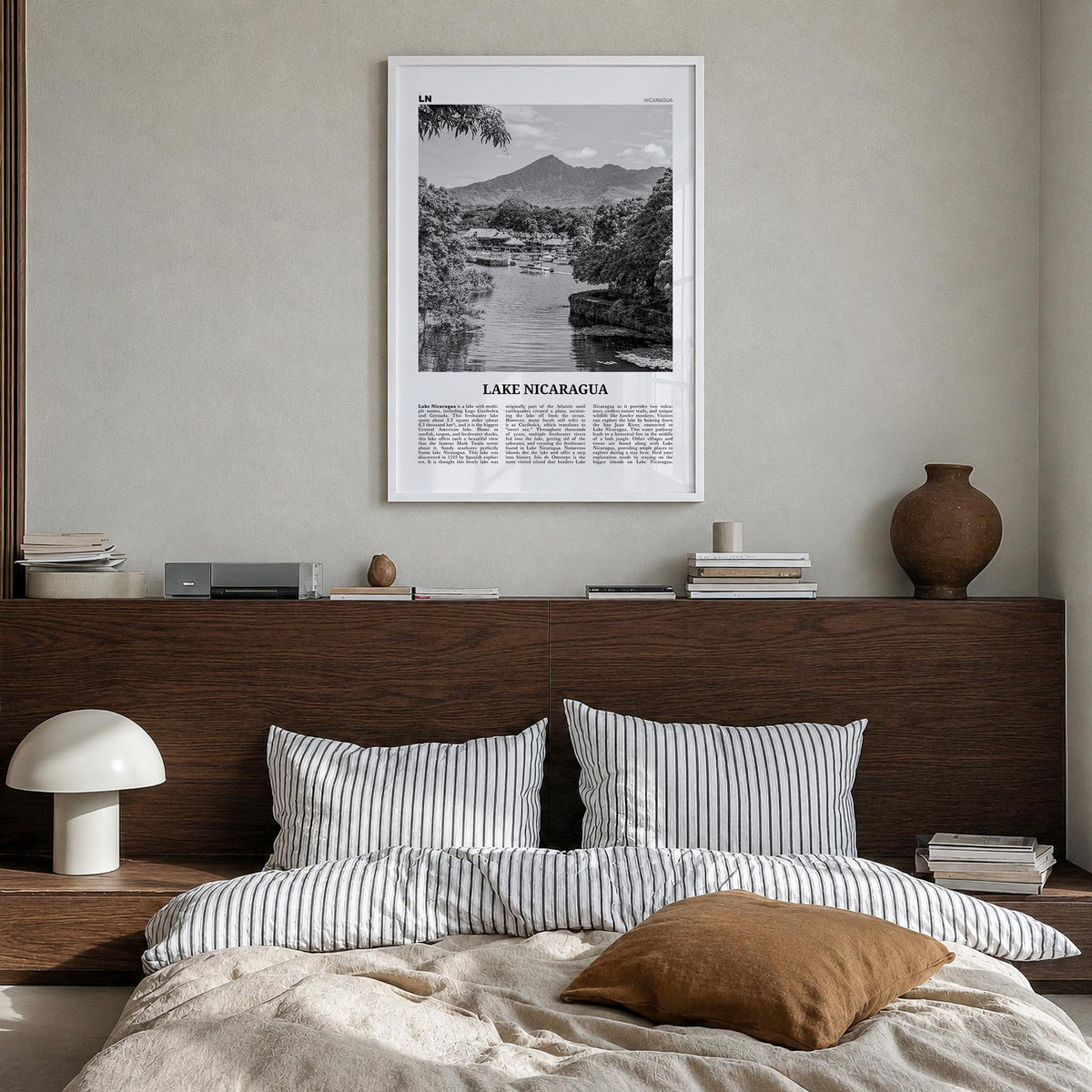 Lake Nicaragua black & white newspaper poster of Nicaragua – vertical wall art in white wood frame, hanging on wall