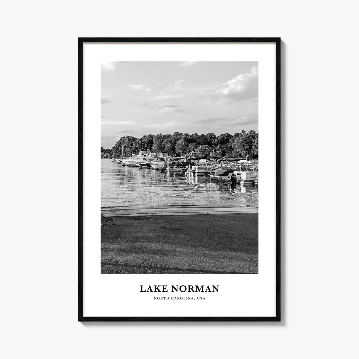 Lake Norman black & white classic poster of North Carolina, USA – vertical wall art, unframed print shown in interior mockup