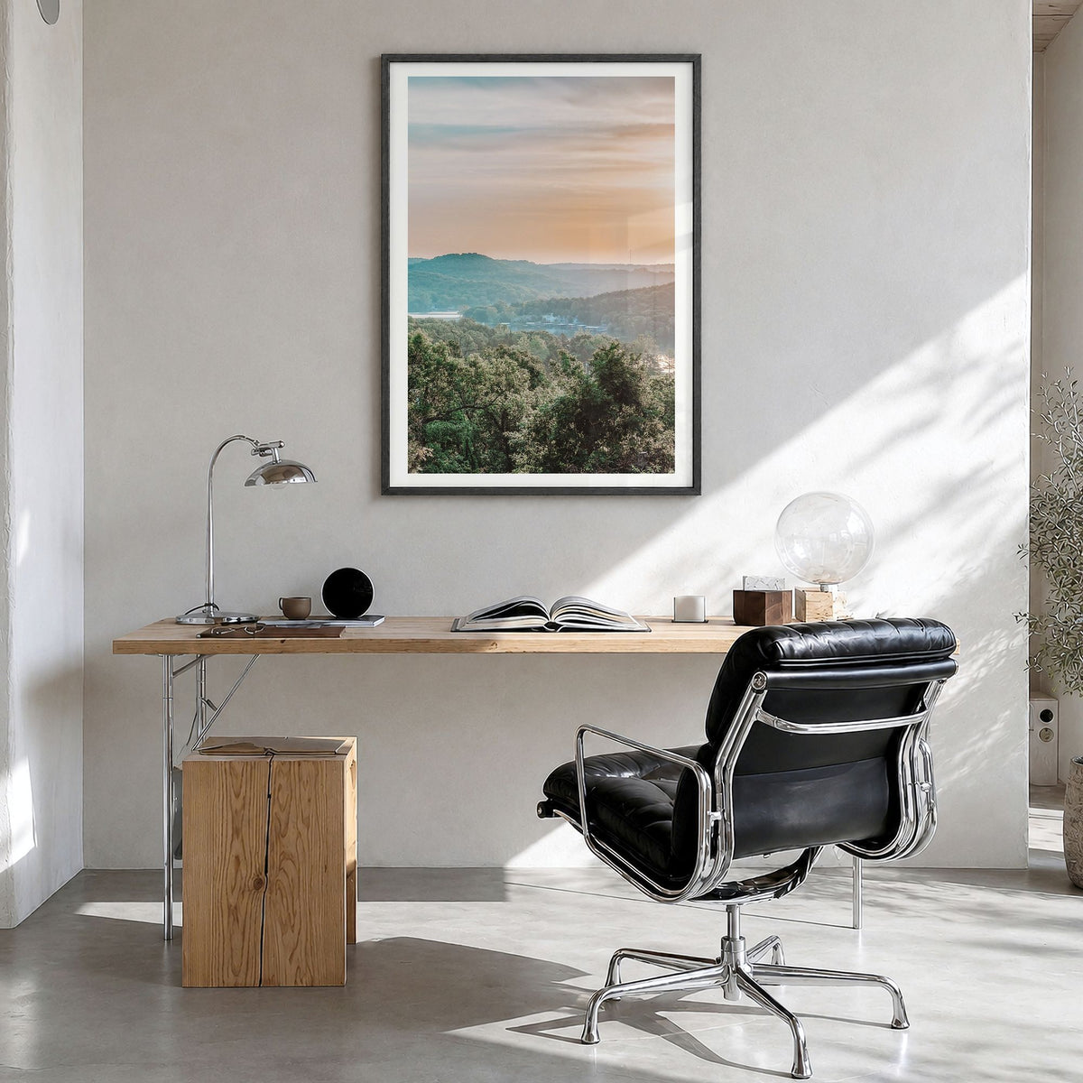 Lake of the Ozarks Photo Poster in a black wood frame, hanging in a bright home office, white border