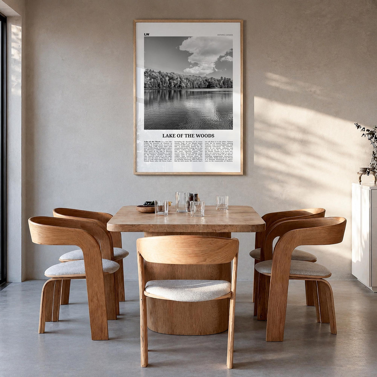 Lake of the Woods black & white newspaper poster of Ontario, Canada & Minnesota, USA – vertical wall art in natural wood fram