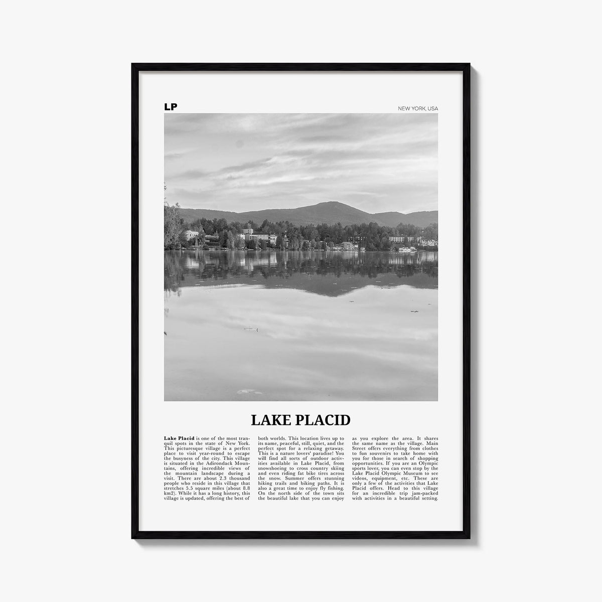 Lake Placid black & white newspaper poster of New York, USA – vertical wall art, unframed print shown in interior mockup