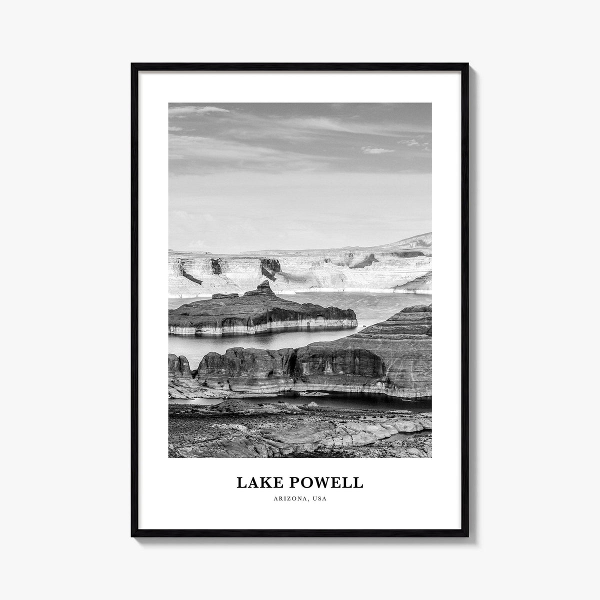 Lake Powell black & white classic poster of Arizona & Utah, USA – vertical wall art, unframed print shown in interior mockup