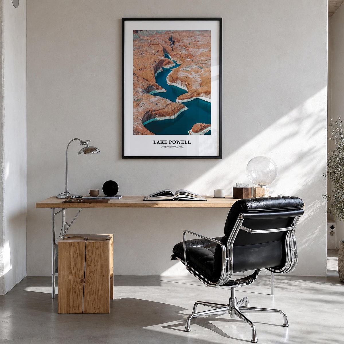 Lake Powell colorful classic poster of Arizona & Utah, USA – vertical wall art in black wood frame, hanging on wall