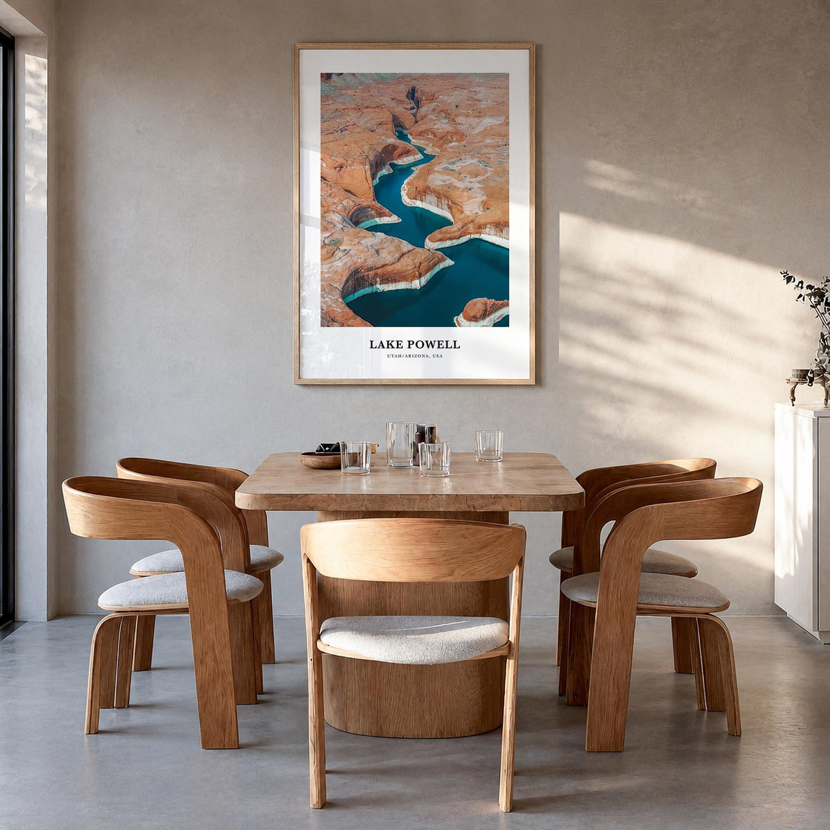Lake Powell colorful classic poster of Arizona & Utah, USA – vertical wall art in natural wood frame, hanging on wall