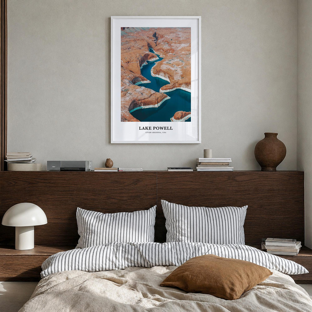 Lake Powell colorful classic poster of Arizona & Utah, USA – vertical wall art in white wood frame, hanging on wall
