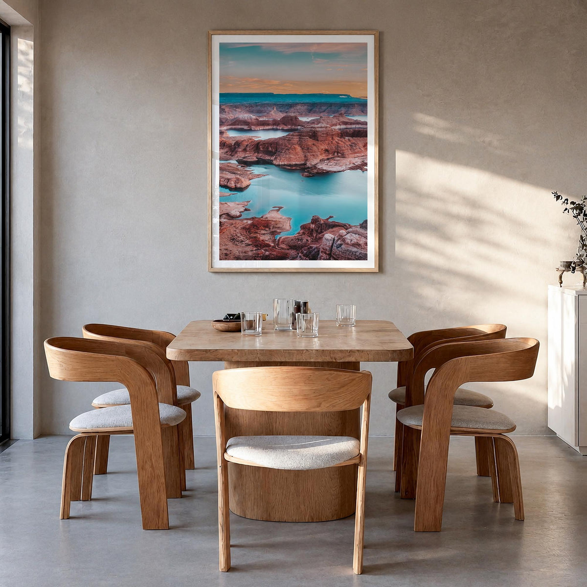 Lake Powell colorful photo poster of Arizona & Utah, USA – vertical wall art in natural wood frame with white border, hanging