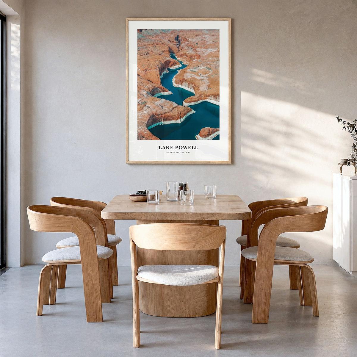 Lake Powell Classic Poster in a natural wood frame, hanging in a dining room