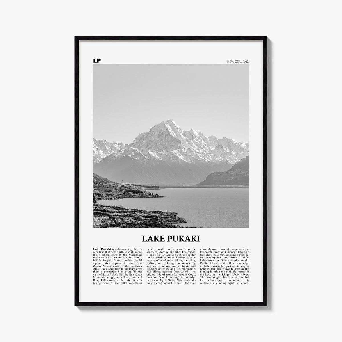 Lake Pukaki black & white newspaper poster of New Zealand – vertical wall art, unframed print shown in interior mockup