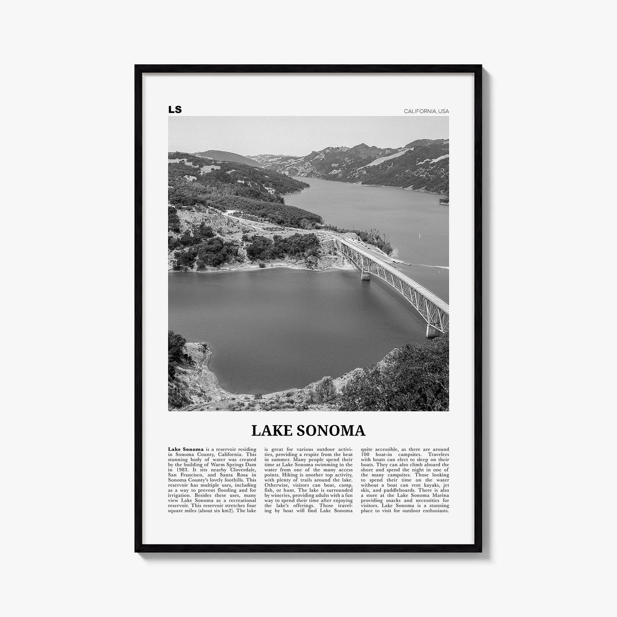 Lake Sonoma black & white newspaper poster of California, USA – vertical wall art, unframed print shown in interior mockup