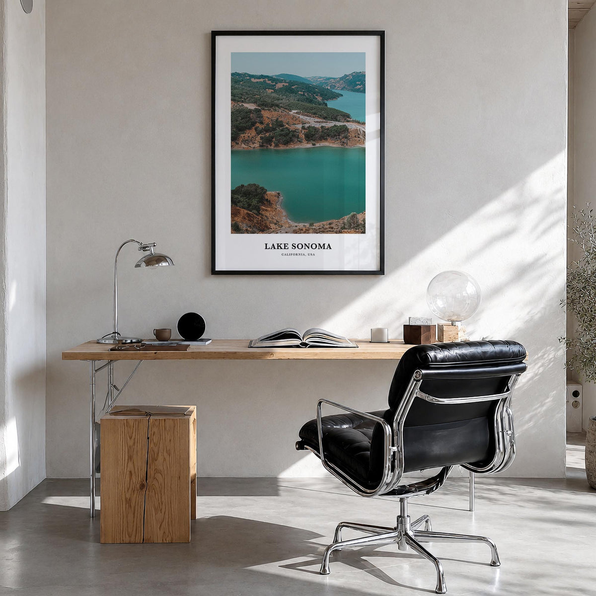 Lake Sonoma colorful classic poster of California, USA – vertical wall art in black wood frame, hanging on wall